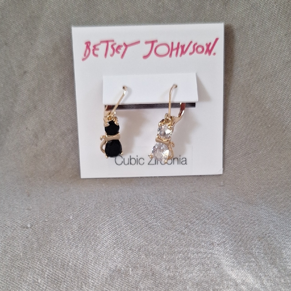Betsey Johnson Black and Gold Cat Earrings with Cubic Zirconia